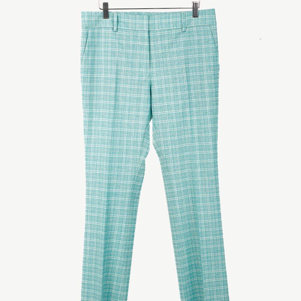 Etro Teal Plaid Wool Straight-Leg Trousers